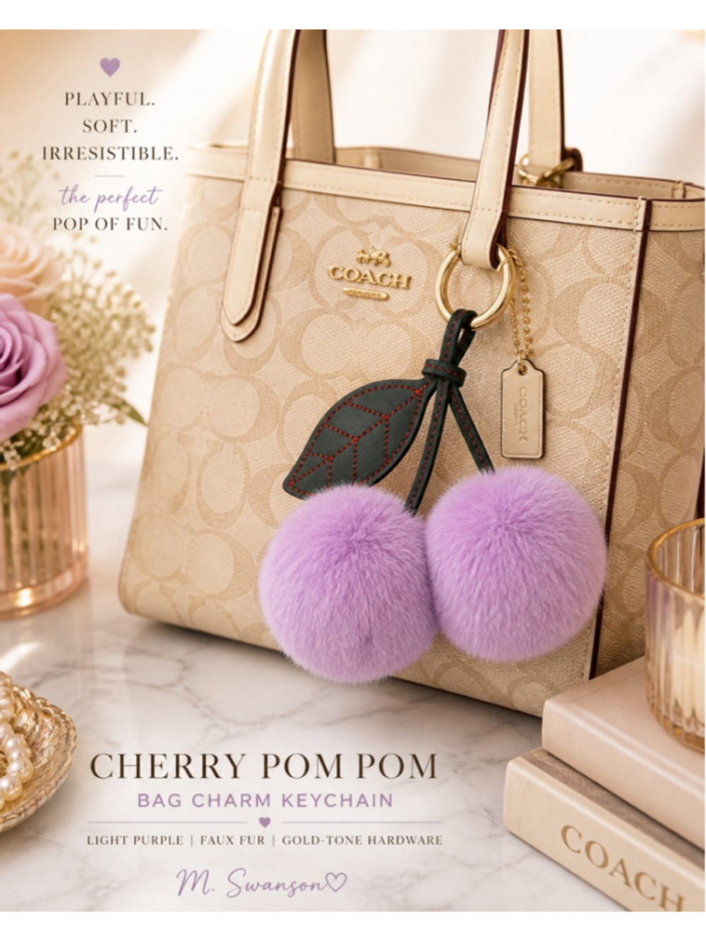 NEW Cherry Pom Pom Bag Charm Keychain Purple Faux Fur NWT